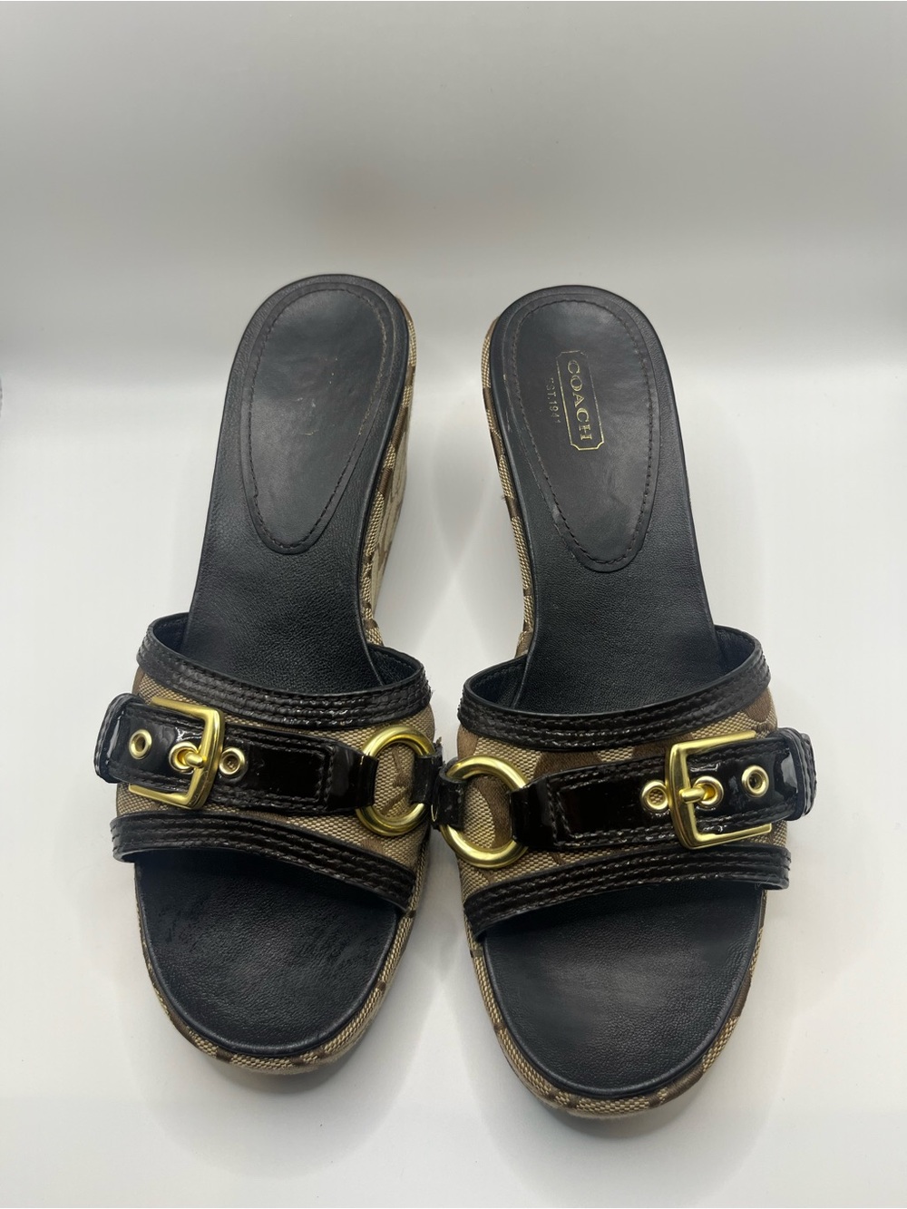 Coach Brown Signature & Black Leather Slide Mules with Gold Hardware